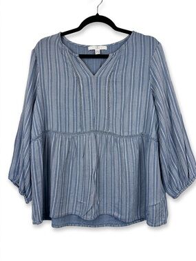 Anthropologie Fever Light Blue &‎ White Striped Peasant Tunic Sz XL